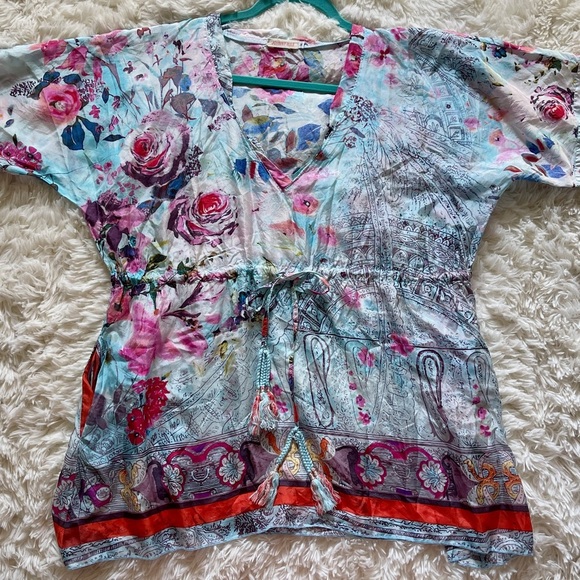 Johnny Was Oversized Flowy Tunic Watercolor Floral Silk Boho Chic Artsy Medium - Picture 4 of 8